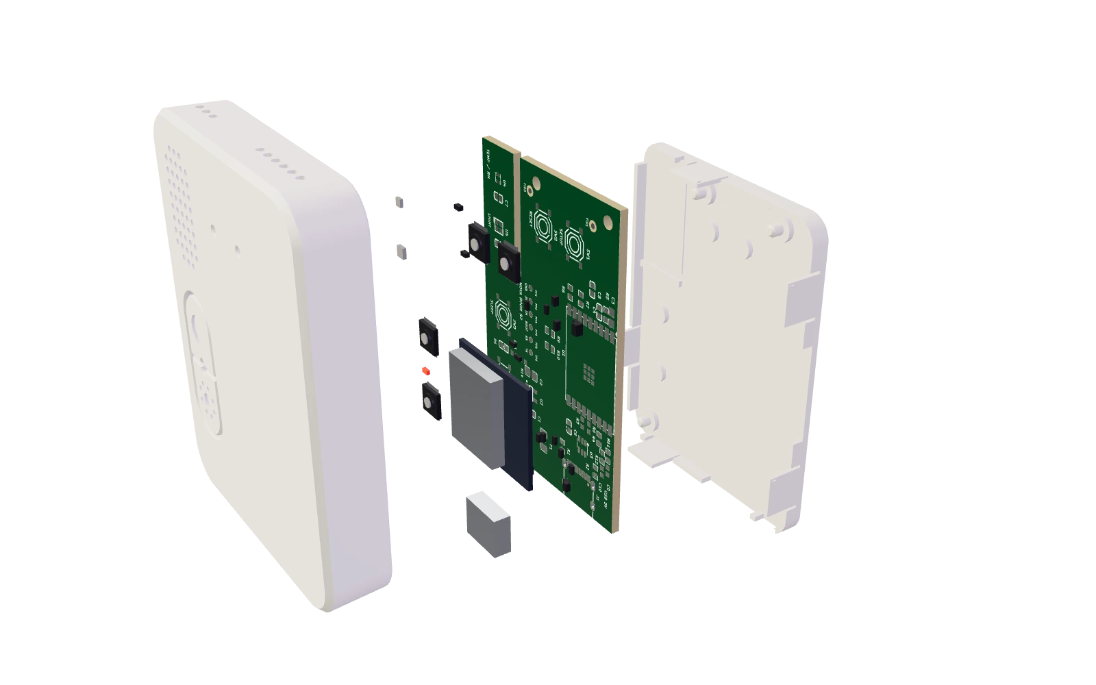 Nova Room taken apart: the front shell with its moon and sun keys, the green circuit board with its Wi-Fi module and sensors, and the rear plate